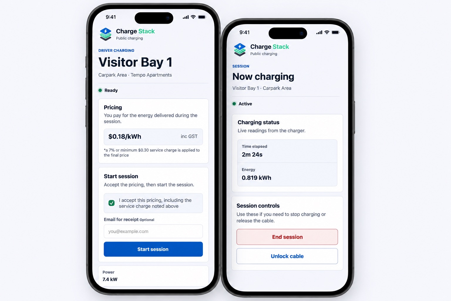 ChargeStack driver charging screens showing QR public charging pricing, start session controls, live charging status, and session controls.